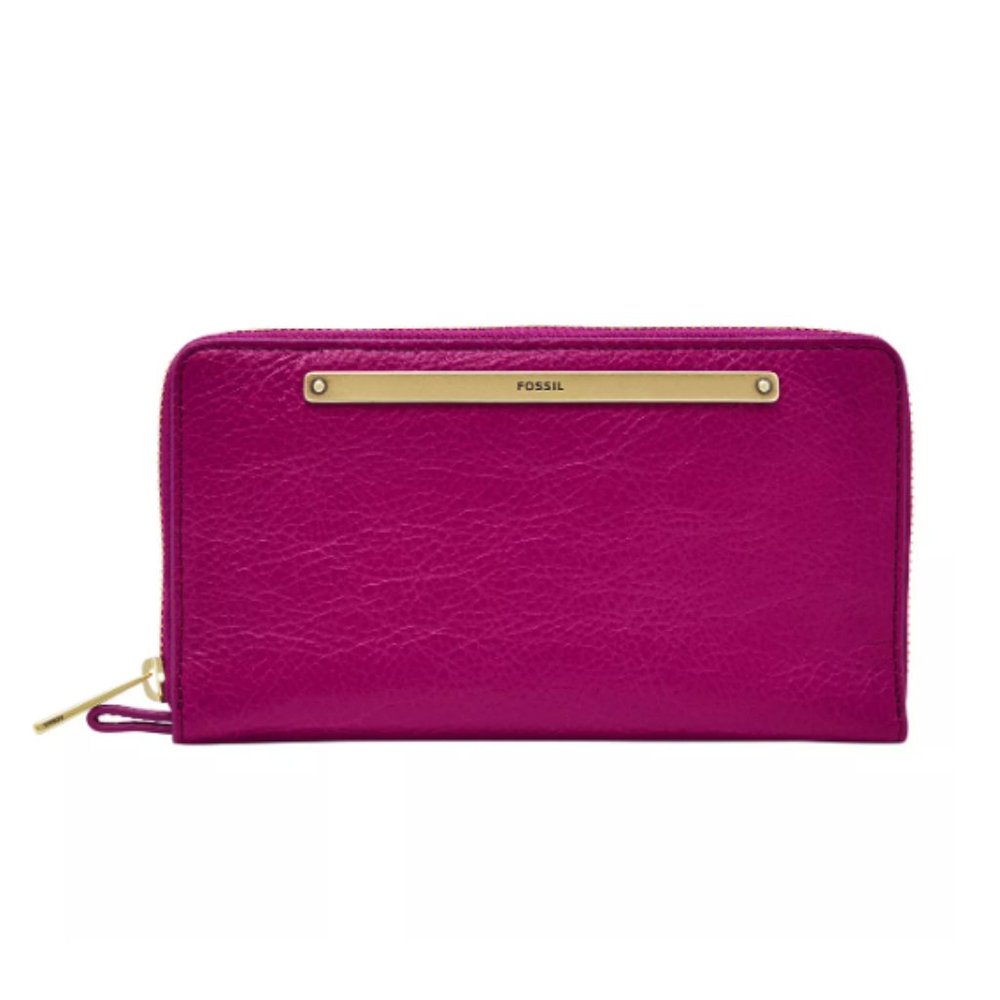 Fossil Liza Leather Zip Around Clutch Wallet Wristlet Magenta Purple Pink